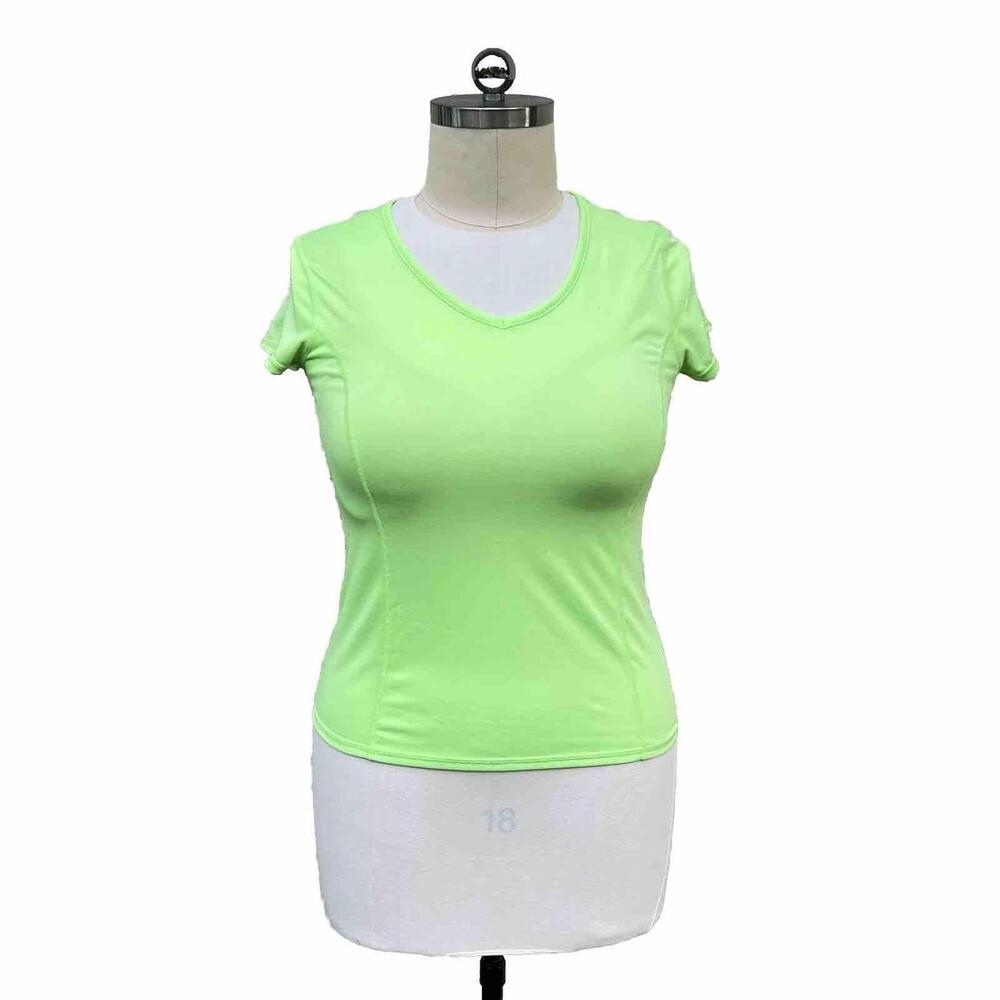 Danskin-Now Neon Top Women L Green Vneck Stretch Polyester